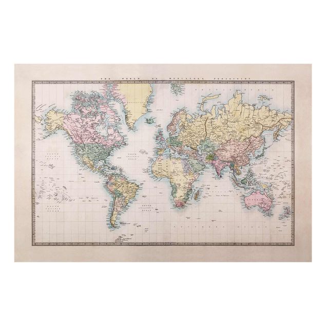 Glas Magnettafel Mappa del mondo vintage del 1850