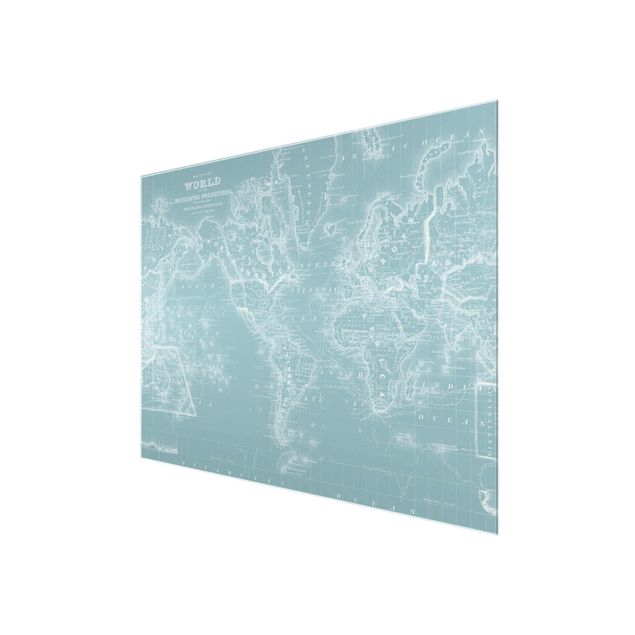 Magnettafel Glas Mappa del mondo in blu ghiaccio