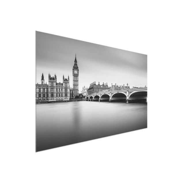 Quadri in vetro in bianco e nero Il ponte di Westminster e il Big Ben