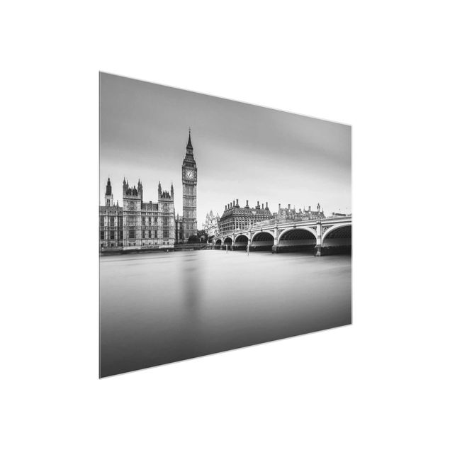 Quadri in vetro in bianco e nero Il ponte di Westminster e il Big Ben
