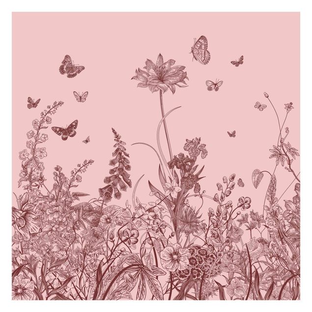 Carta da parati con animali Fiori grandi con farfalle in rosa