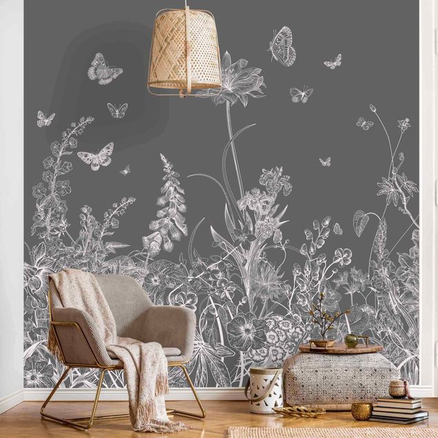 Carte da parati moderne Grandi fiori con farfalle in grigio