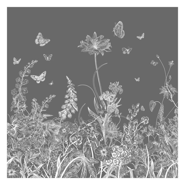 Carte da parati animali Grandi fiori con farfalle in grigio