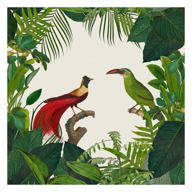 Carta da parati a fiori Paradiso verde con uccelli tropicali