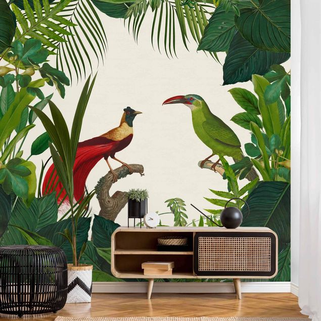 Carta parati adesiva Paradiso verde con uccelli tropicali