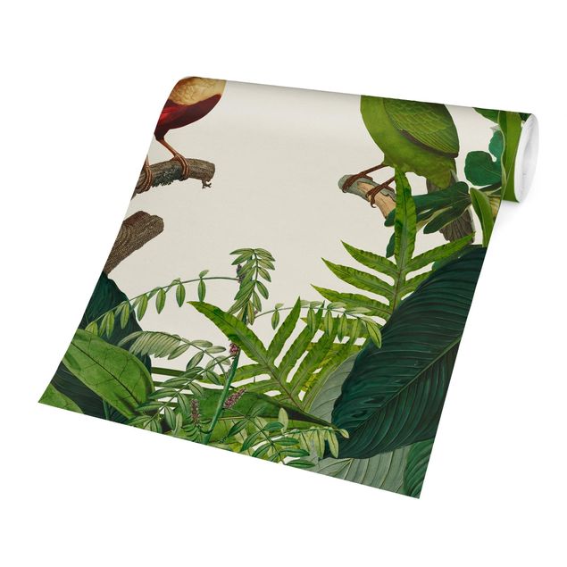 Carta da parati moderne Paradiso verde con uccelli tropicali