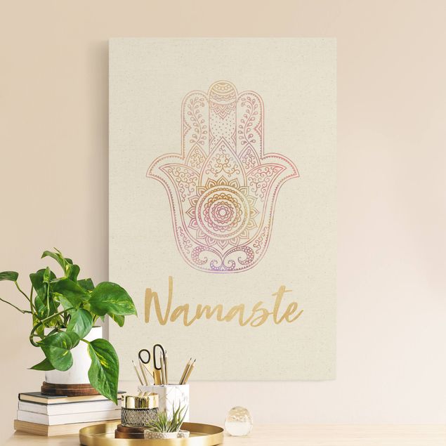 Quadri su tela spirituali Mano Hamsa - Illustrazione Namaste Oro Rosa Chiaro