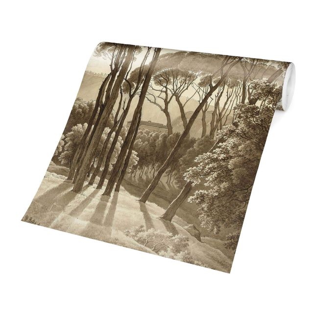 Carta parati vintage Hendrik Voogd  - Paesaggio con alberi in beige