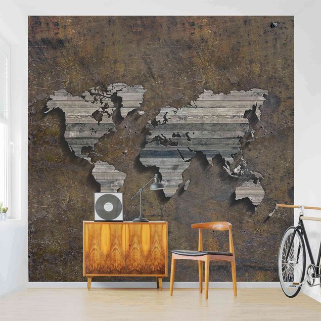 Carta da parati moderne Mappa del mondo con griglia di legno