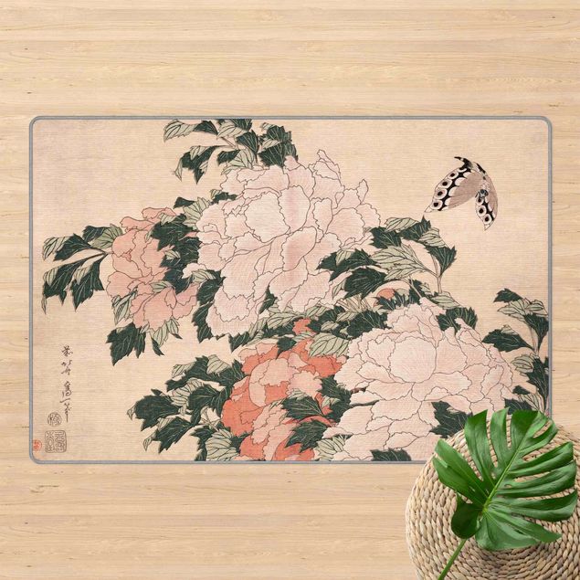 Stile di pittura Katsushika Hokusai - Peonie rosa con farfalle