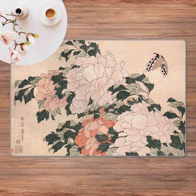 tappeto moderno Katsushika Hokusai - Peonie rosa con farfalle