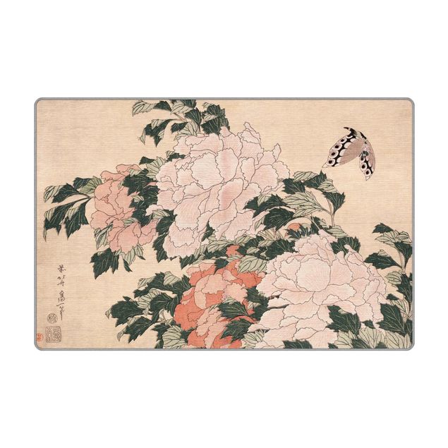 tappeto grande Katsushika Hokusai - Peonie rosa con farfalle