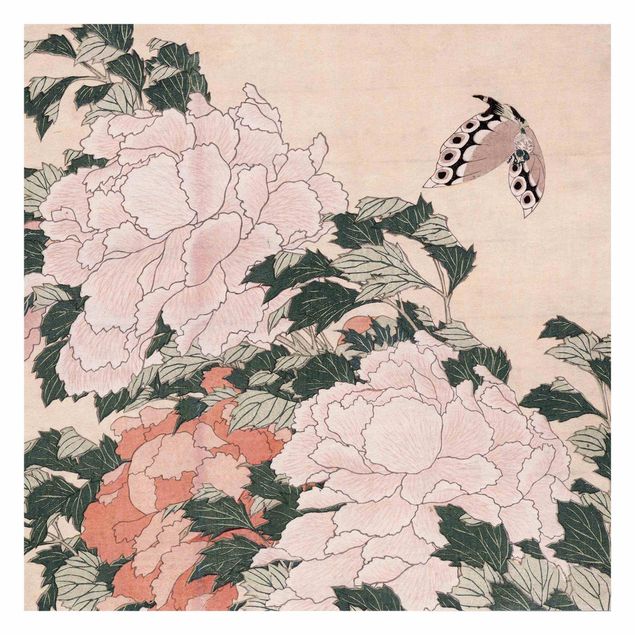 Carta parati farfalle Katsushika Hokusai - Peonie rosa con farfalla