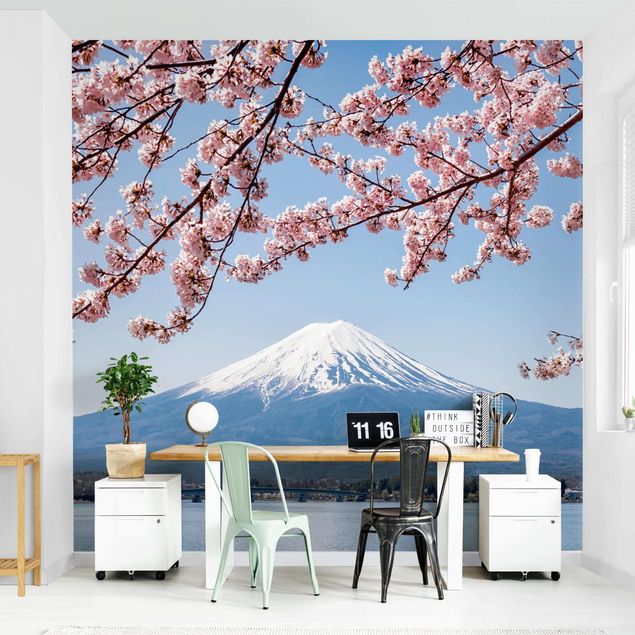 Carte da parati adesive Fioriture di ciliegio con il monte Fuji