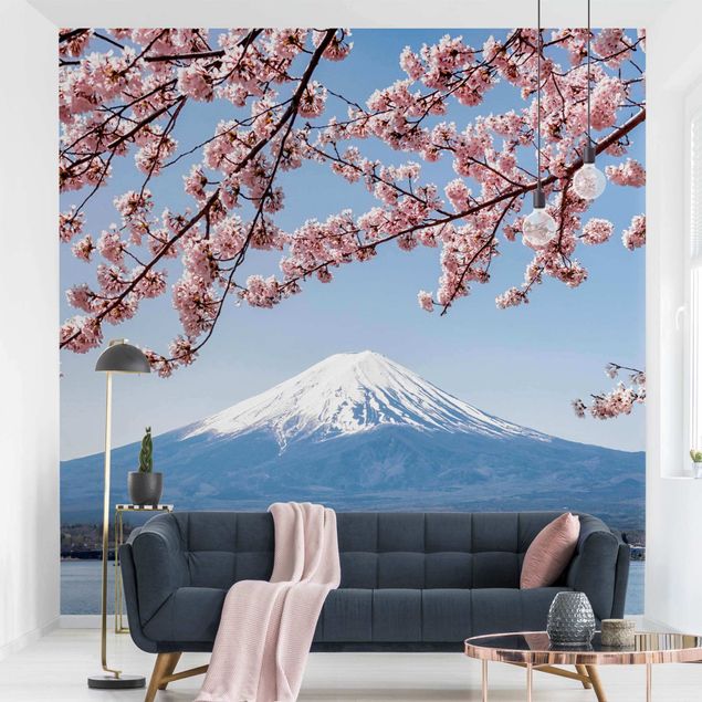 Carta da parati paesaggi montagna Fioriture di ciliegio con il monte Fuji