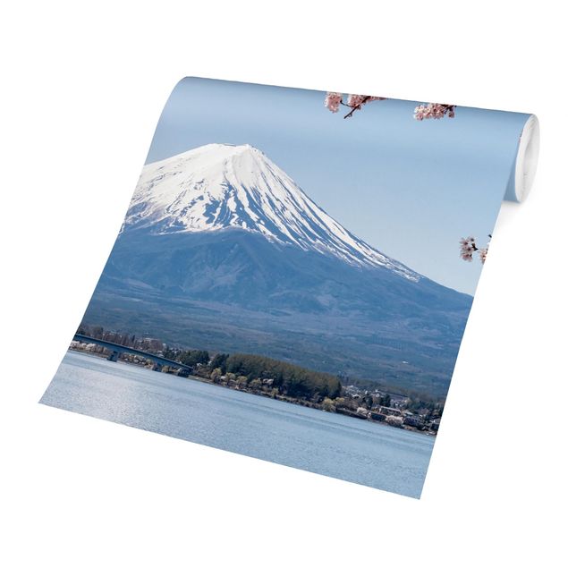 Carte da parati floreali Fioriture di ciliegio con il monte Fuji