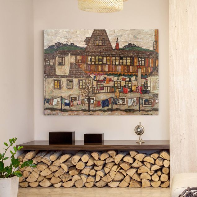Stile artistico Egon Schiele - Casa con biancheria ad asciugare