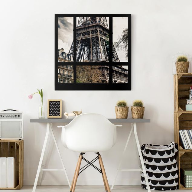 Stampa su tela parigi Window view Paris - Near the Eiffel Tower black and white