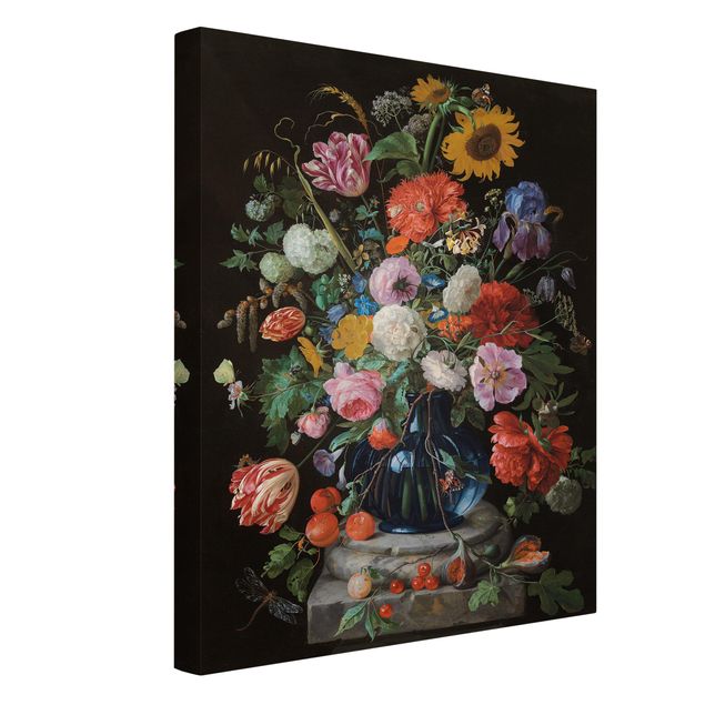 Quadri su tela con girasoli Jan Davidsz de Heem - Tulipani, un girasole, un'iris e altri fiori in un vaso di vetro sulla base di marmo di una colonna