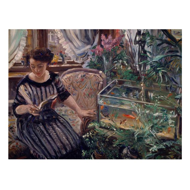 Riproduzioni quadri famosi Lovis Corinth - Una donna che legge vicino a una vasca per pesci rossi
