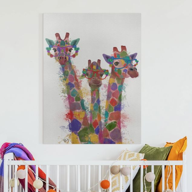 Quadri su tela con giraffe Trio di giraffe con schizzi arcobaleno