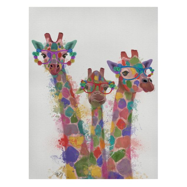 Quadro animali Trio di giraffe con schizzi arcobaleno