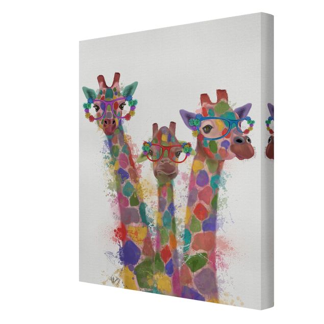 Stampe su tela animali Trio di giraffe con schizzi arcobaleno