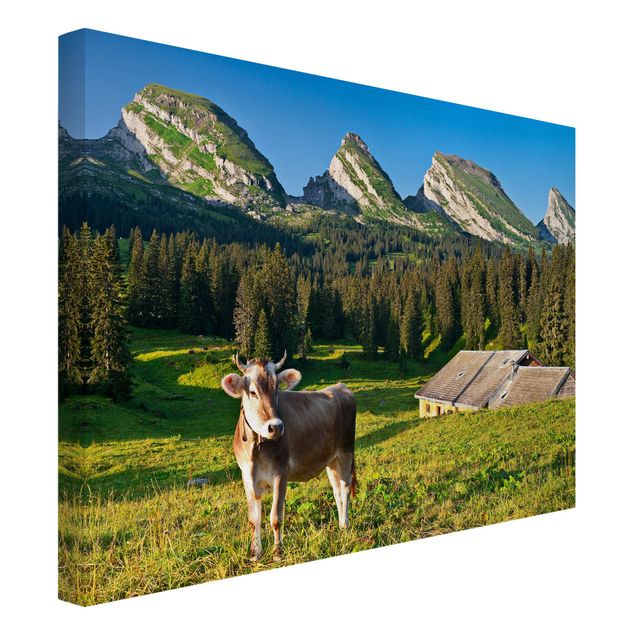 Quadri con paesaggio Prato alpino svizzero con mucca