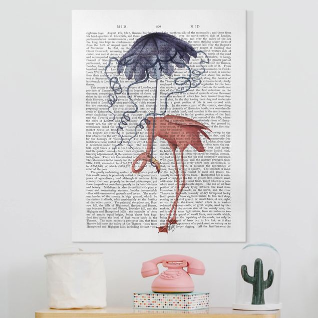 Quadri su tela con uccelli Lettura con animali - Fenicottero con ombrello
