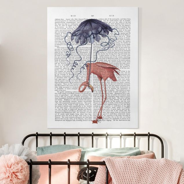 Quadro moderno Lettura con animali - Fenicottero con ombrello