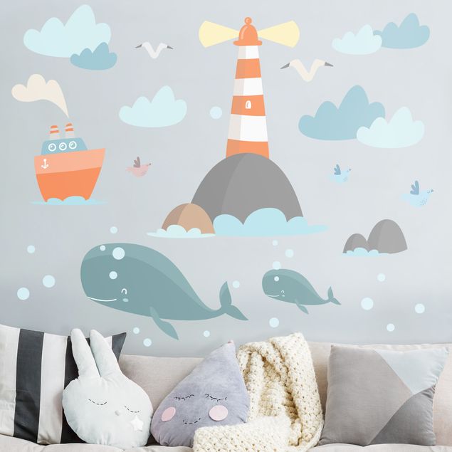 Adesivi murali pesci marini Faro e balene