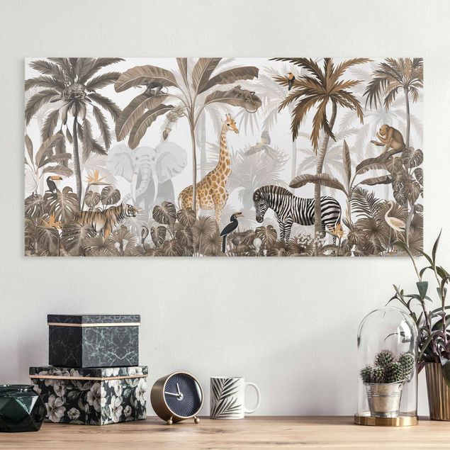 Quadri su tela con giraffe Maestoso mondo animale nella giungla in seppia