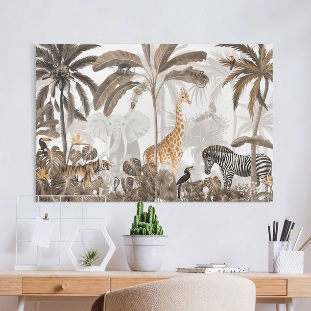 Quadri su tela con giraffe Maestoso mondo animale nella giungla in seppia