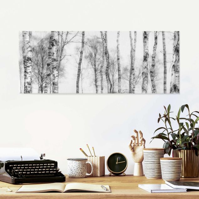 Quadri con paesaggio Foresta di betulle mistica in bianco e nero