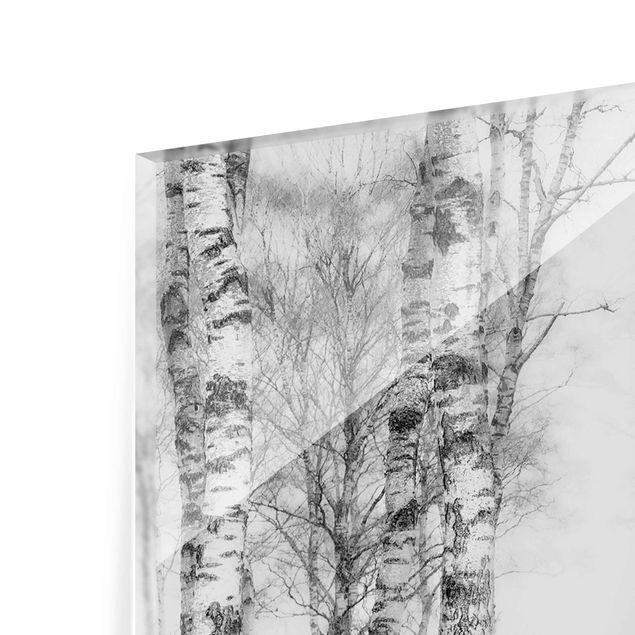 Magnettafel Glas Foresta di betulle mistica in bianco e nero