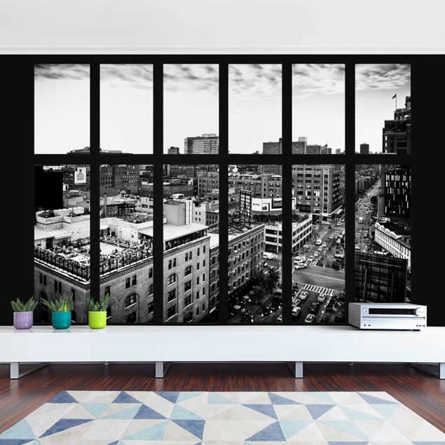 Carta da parati 3d New York vista dalla finestra in bianco e nero