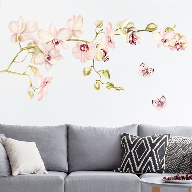 Autocolantes de parede plantas Orchidenzweig e farfalla in rosa