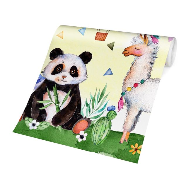 Carta da parati con animali Panda e lama acquerello