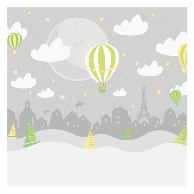 Carta da parati moderna Parigi con stelle e mongolfiere in grigio