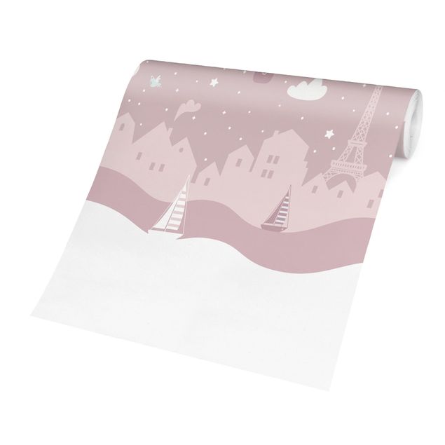 Carte da parati cielo Parigi con stelle e mongolfiere in rosa