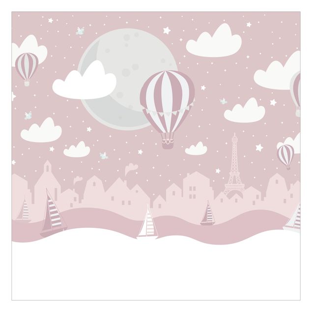 Carte da parati moderne Parigi con stelle e mongolfiere in rosa