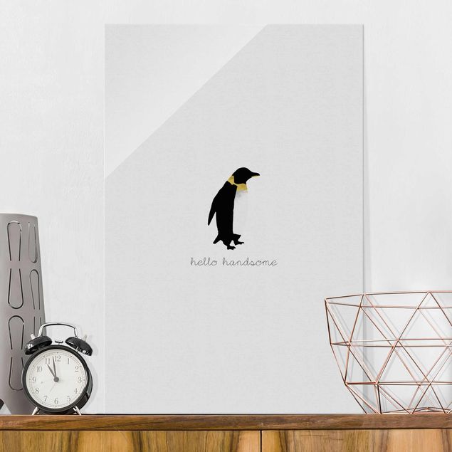 Quadri in vetro in bianco e nero Citazione di pinguino Ciao Bello