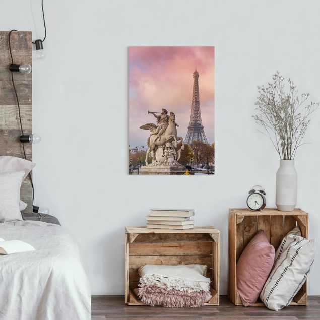 Stampa su tela parigi Statua di cavaliere di fronte alla Torre Eiffel