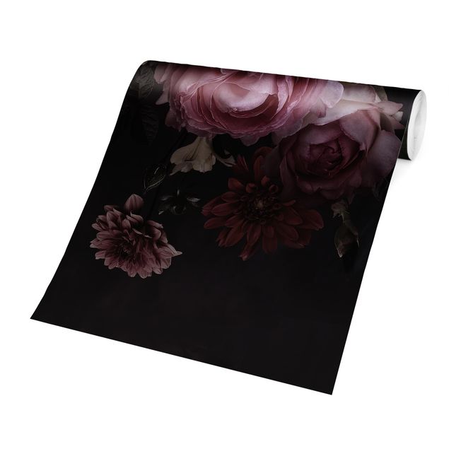 Carta da parati floreale Fiori rosa su nero vintage