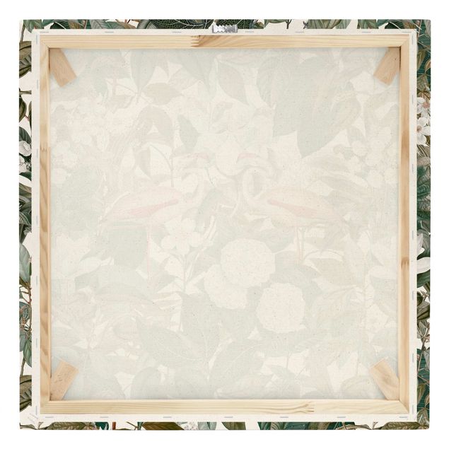 Stampe su tela Fenicotteri rosa con foglie e fiori bianchi