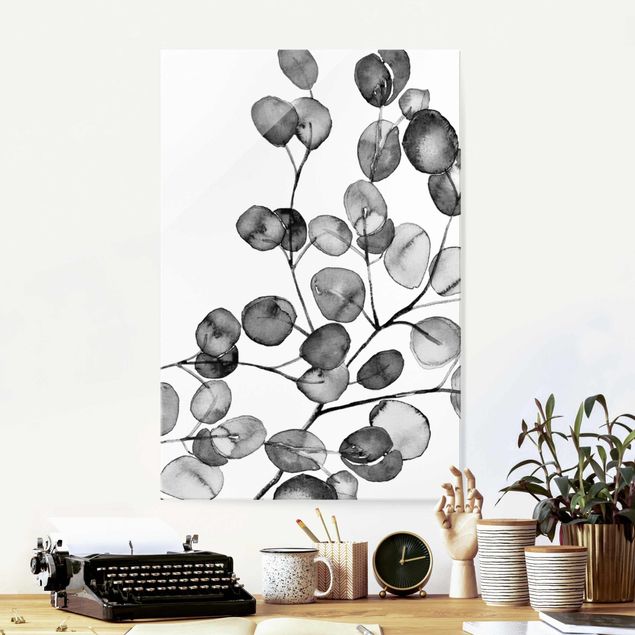 Quadri in vetro con fiori Acquerello di ramoscelli di eucalipto in bianco e nero