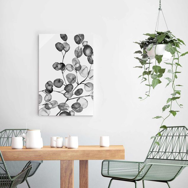 Quadri in vetro in bianco e nero Acquerello di ramoscelli di eucalipto in bianco e nero