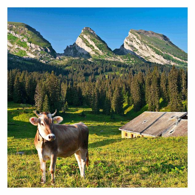 Carta da parati con paesaggi Prato alpino svizzero con mucca