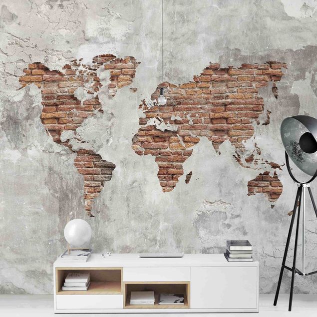 Carta parati adesiva Mappa del mondo in mattoni e cemento shabby