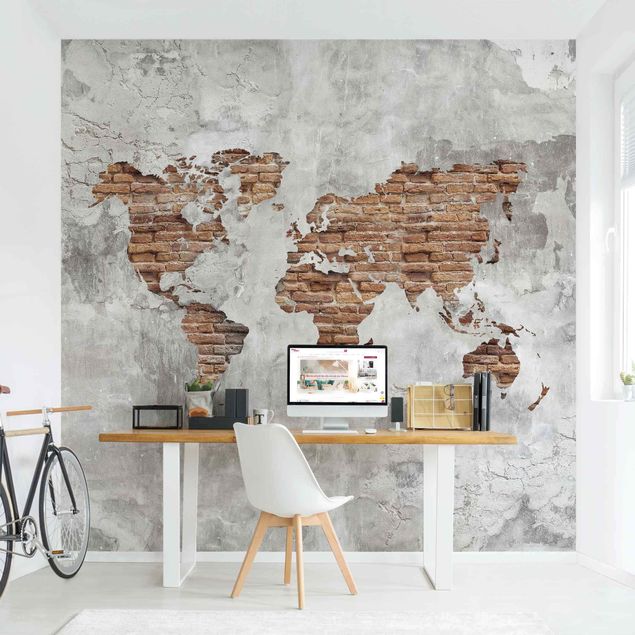 Carta da parati mattoncini Mappa del mondo in mattoni e cemento shabby